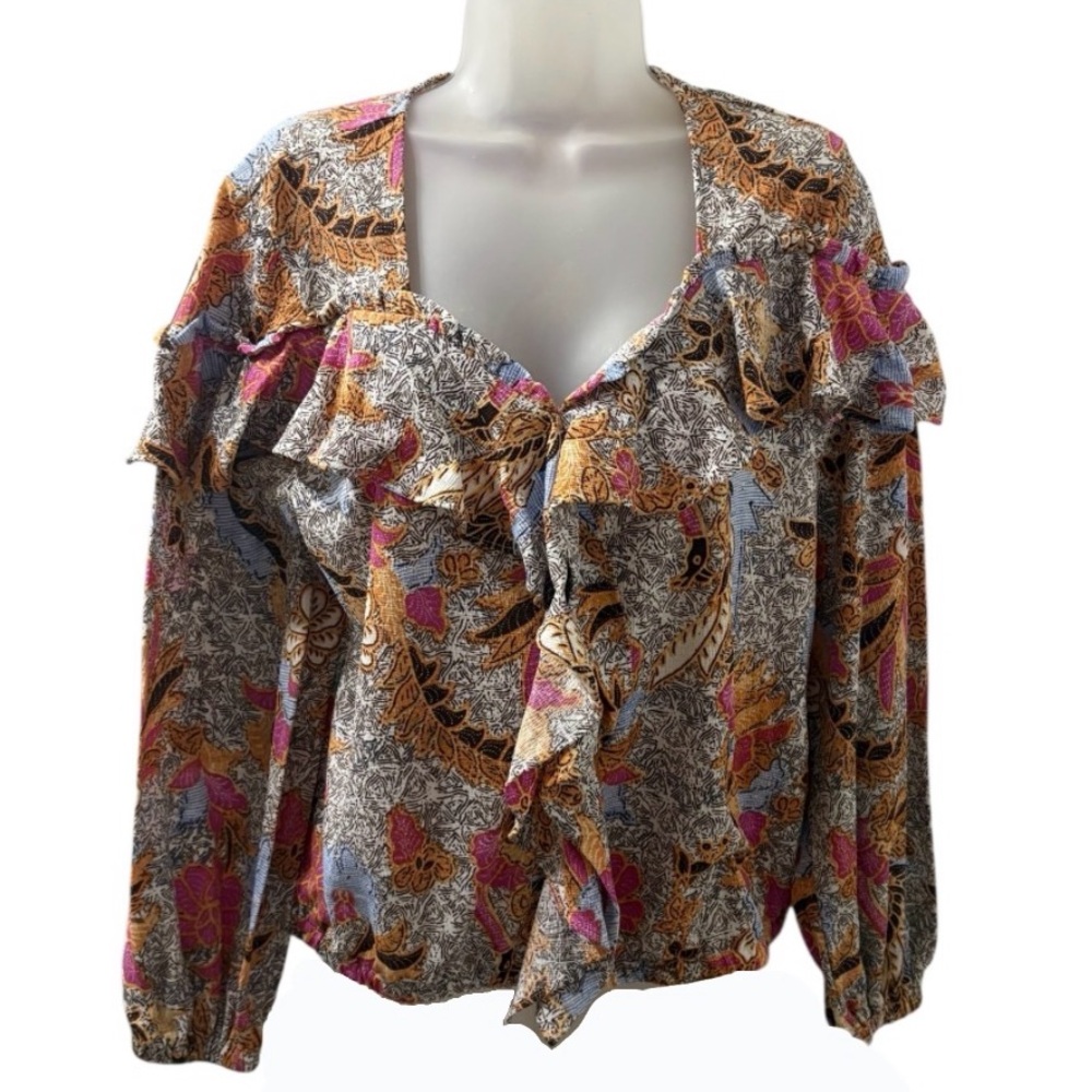 INC Floral Paisley Ruffle V-Neck Blouse L Long Sleeve Boho Peasant Top